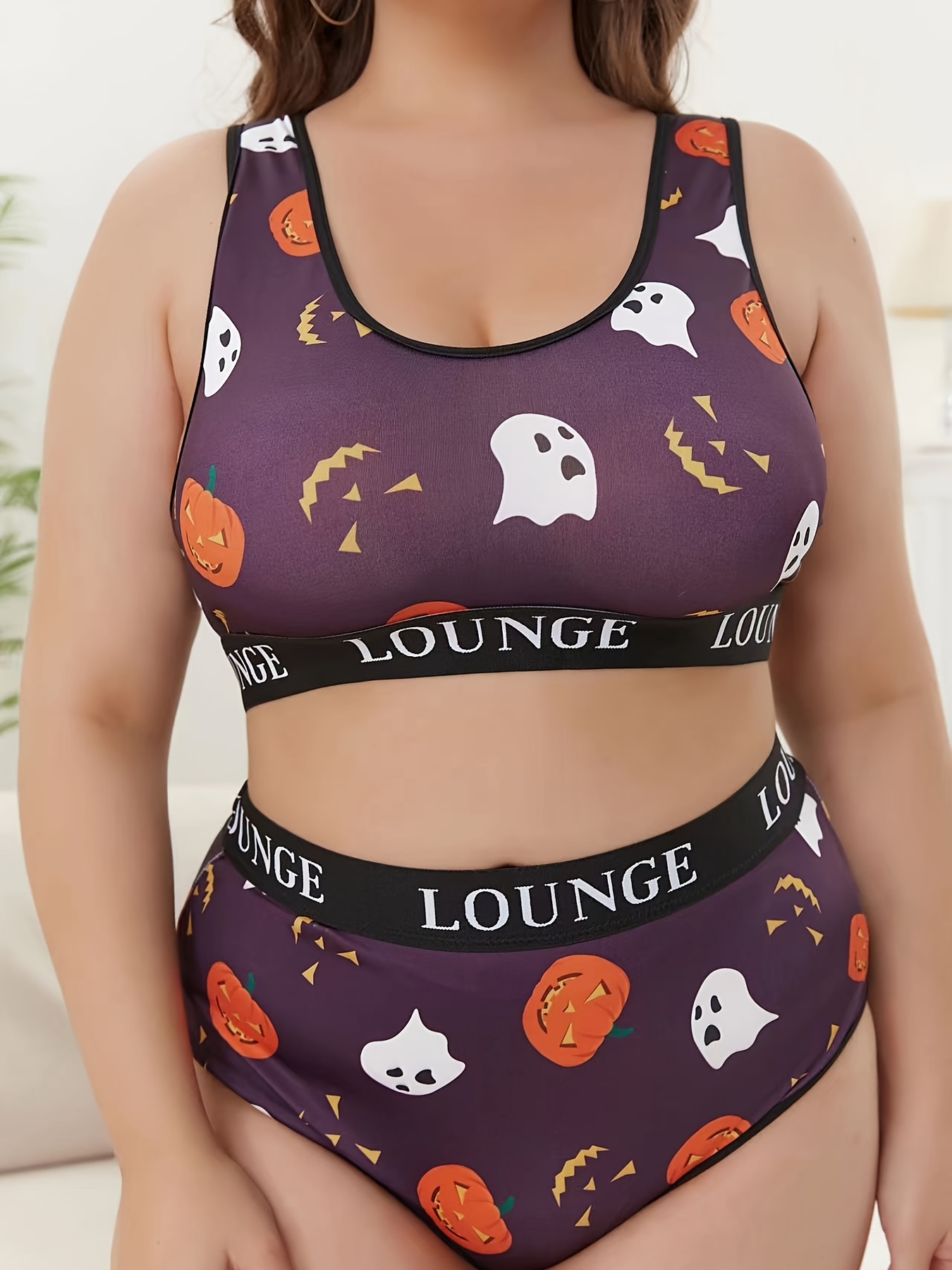 Plus Size Halloween Cute Underwear Set, Women's Plus Ghost & Pumpkin Print  Letter Tape Tank Bra & Panty Underwear Two Piece Set
