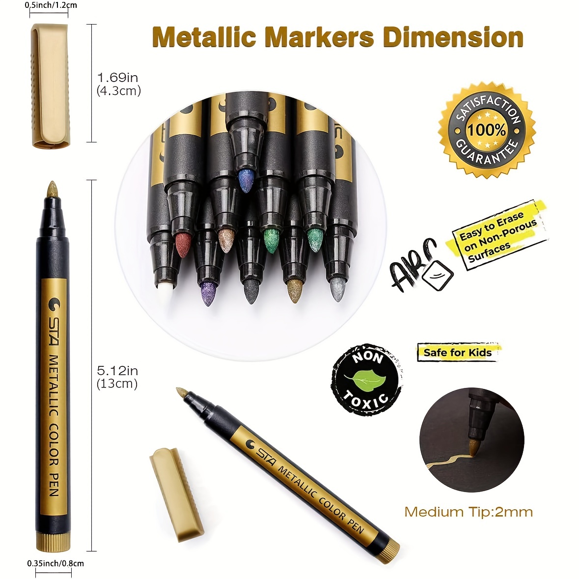 12Pcs Metallic Marker Pens, Creatiee Gold Silver Metallic Permanent Markers  Metallic Painting Pens Signature Pens for Card Making Rock Painting Glass