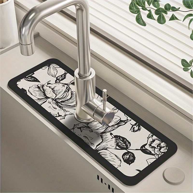 1pc Floral Sink Faucet Absorbent Mat Drainage Pad Kitchen Bathroom Sink Pad  Countertop Drain Pad Diatomaceous Washbasin Mud Cuttable Quick Drying Pad, Save Money On Temu