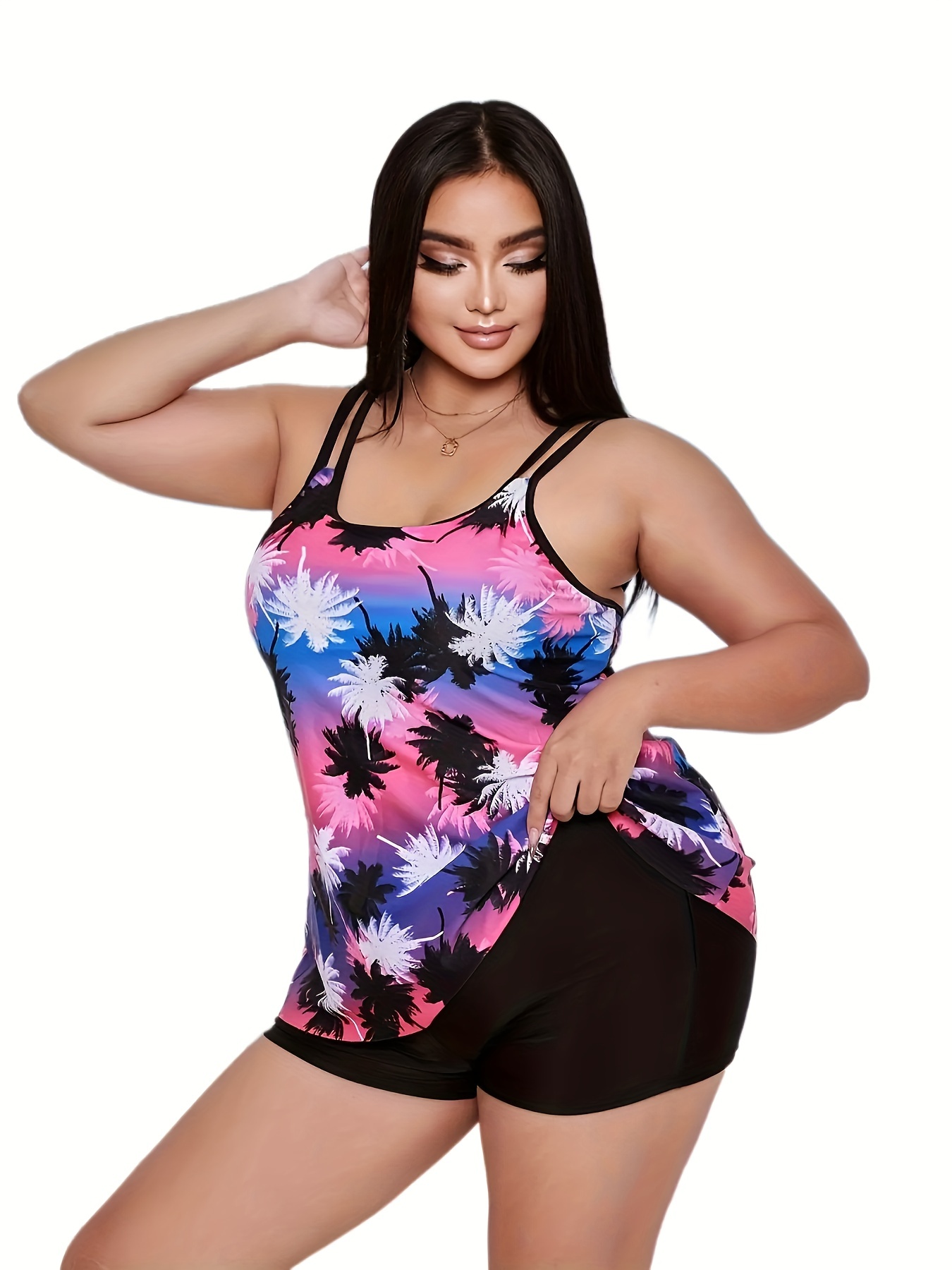 Plus Size Casual Tankini Top, Women's Plus Geometric Print Round Neck  Slight Stretch Tank Top