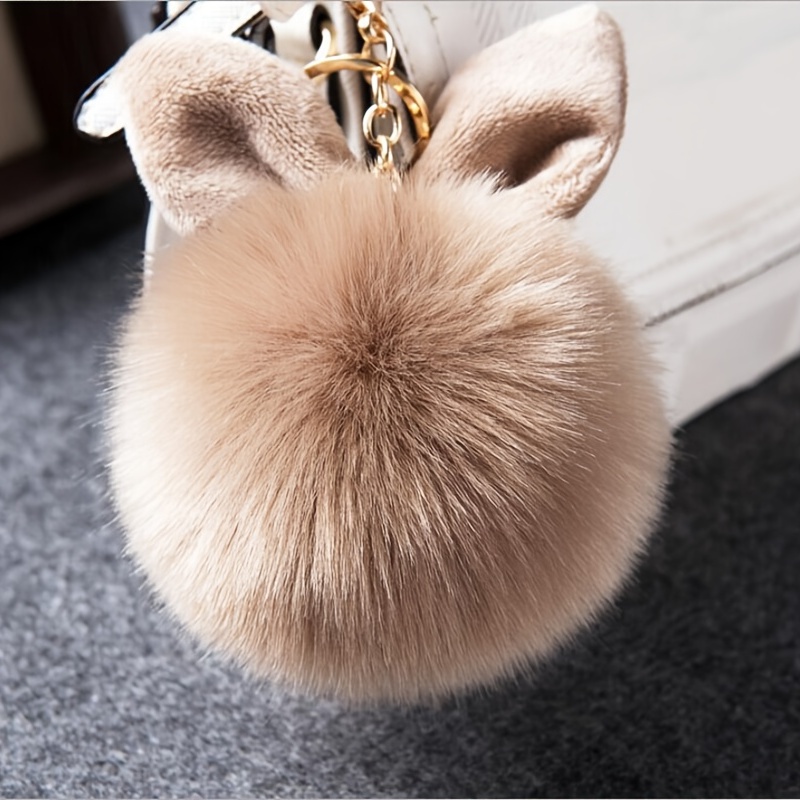 Rabbit Ears Fur Ball Bag Charms With Golden Keyring Pom Pom