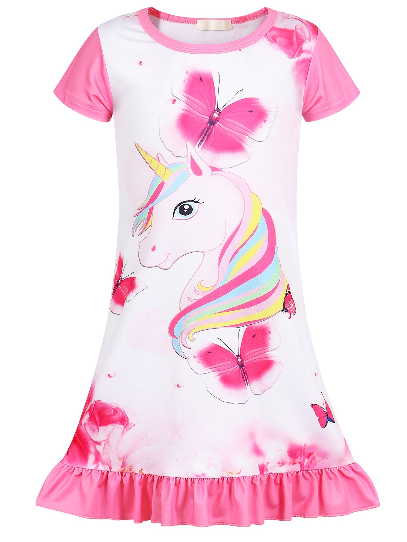 girls unicorn print nightdress kids short sleeve ruffle hem nightgowns sleepwear pajama dresses kids summer clothes details 20