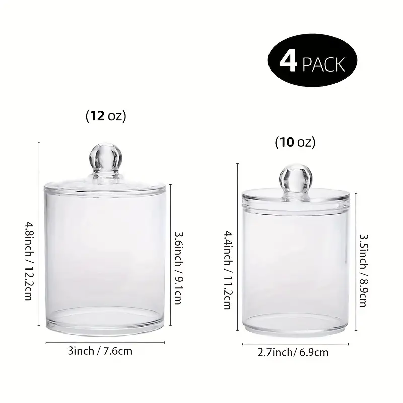 Dockapa 4 Pack Qtip Holder - 10 oz, 12 oz Restroom Bathroom Organizers and Storage Containers, Clear Plastic Apothecary Jars with Lids for Cotton Ball, Cotton