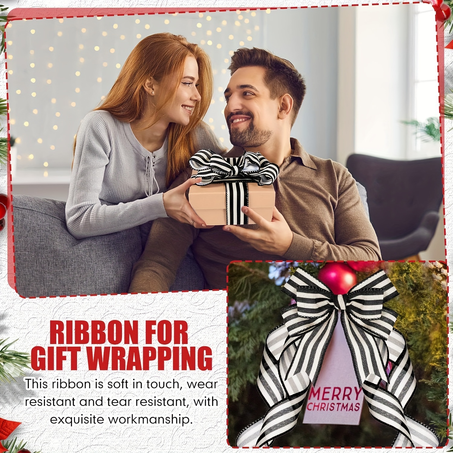 Christmas Black And Cream White Stripes Wired Edge Ribbon - Temu