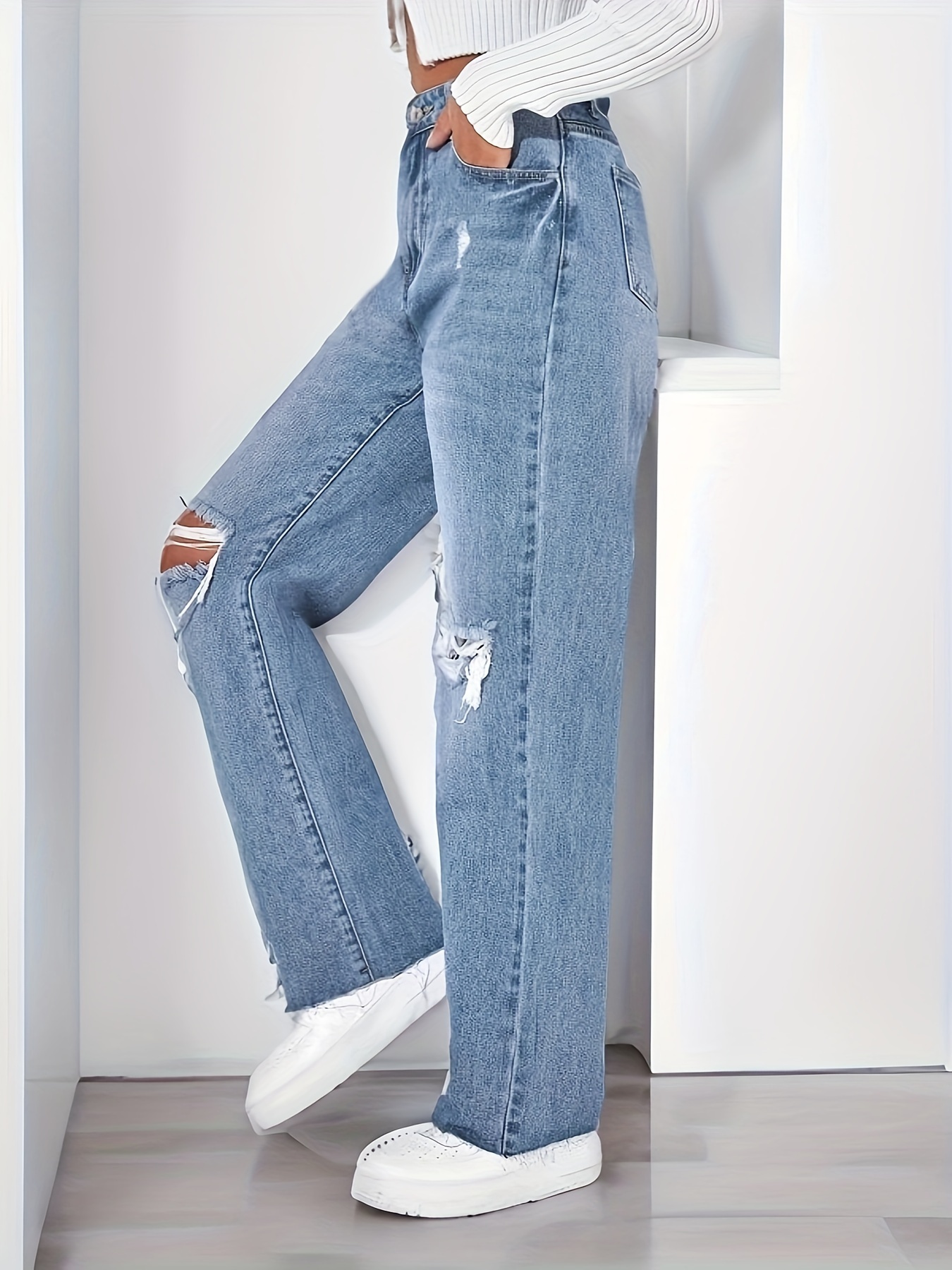 Jeans Rectos * Sin Rematar, Pantalones De Mezclilla No Elásticos Con  Agujeros Rasgados, Jeans Y Ropa De Mezclilla Para Mujer