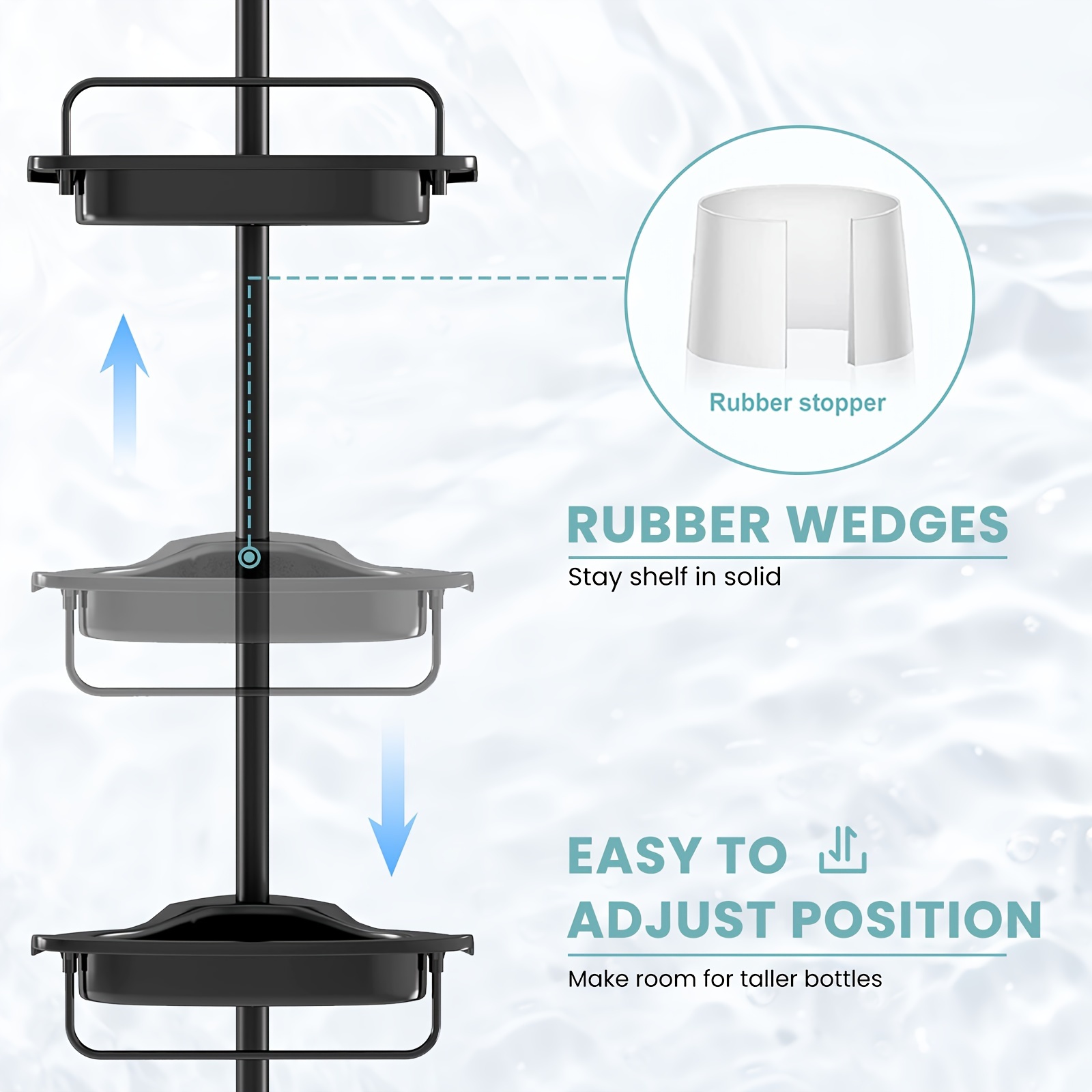 Odporny na rdzę plastikowy narożny kosz prysznicowy do organizowania i przechowywania szamponu i akcesoriów w łazience lub wannie, z regulowaną czteropiętrową półką z teleskopowym prętem, rozciągającym się od 56 do 289,56 cm.