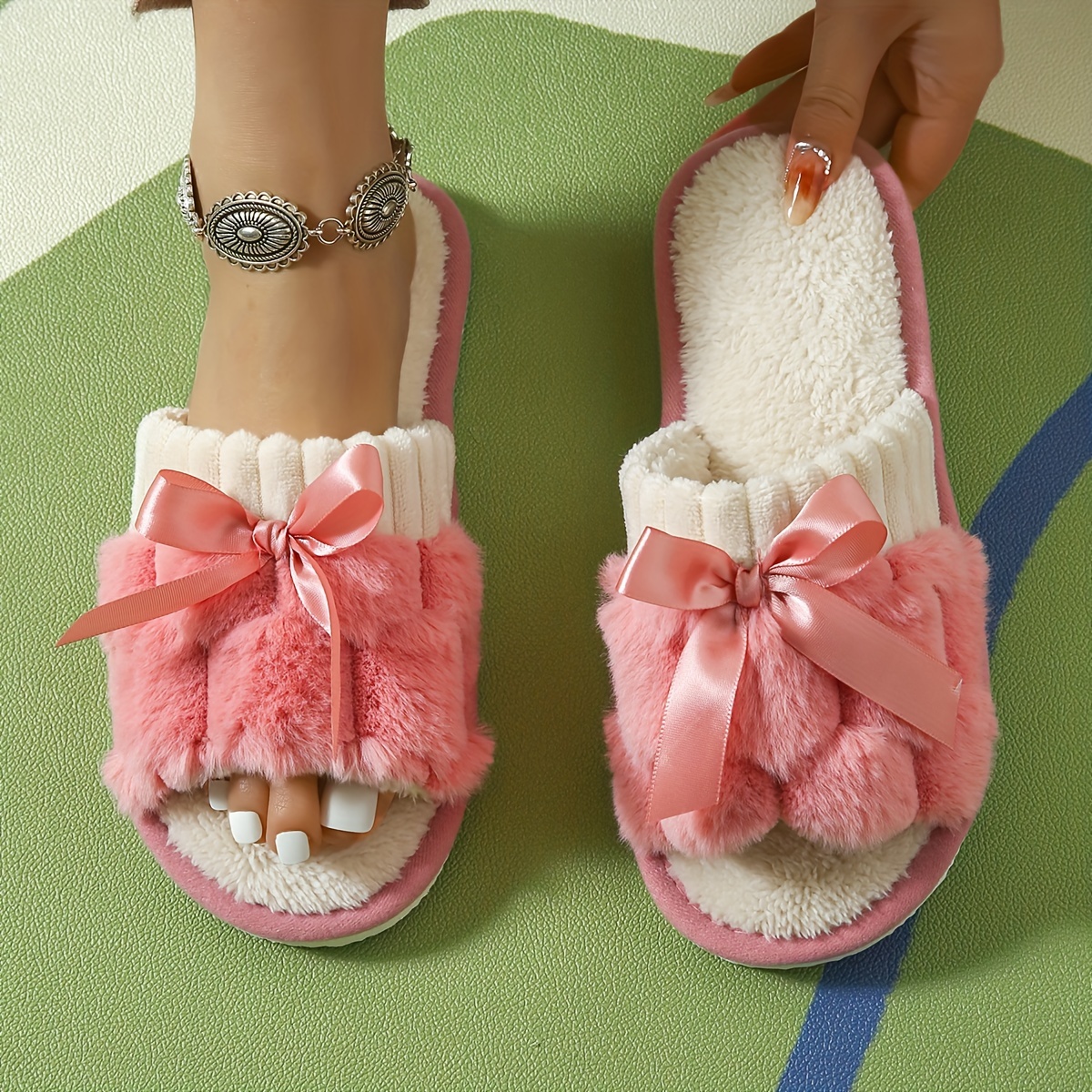 Colorblock Fuzzy Home Warm Slippers, Bowknot Decor Soft Sole Lightweight Fuzzy Shoes, Non-slip Winter Plush Shoes