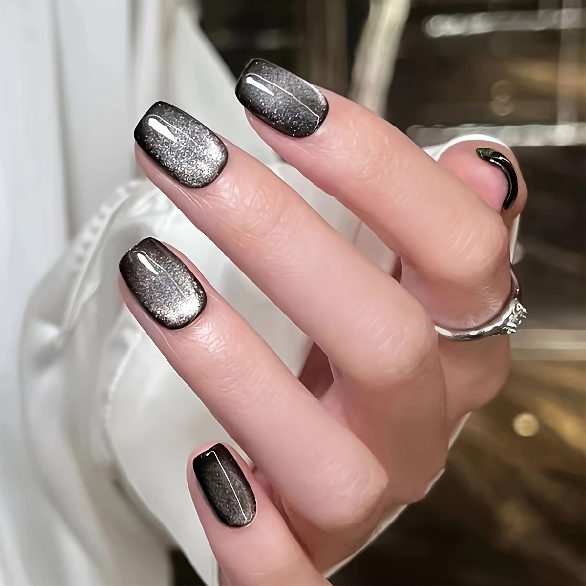 Starry Sky Black Glitter Press On Nails Glossy Full Cover - Temu