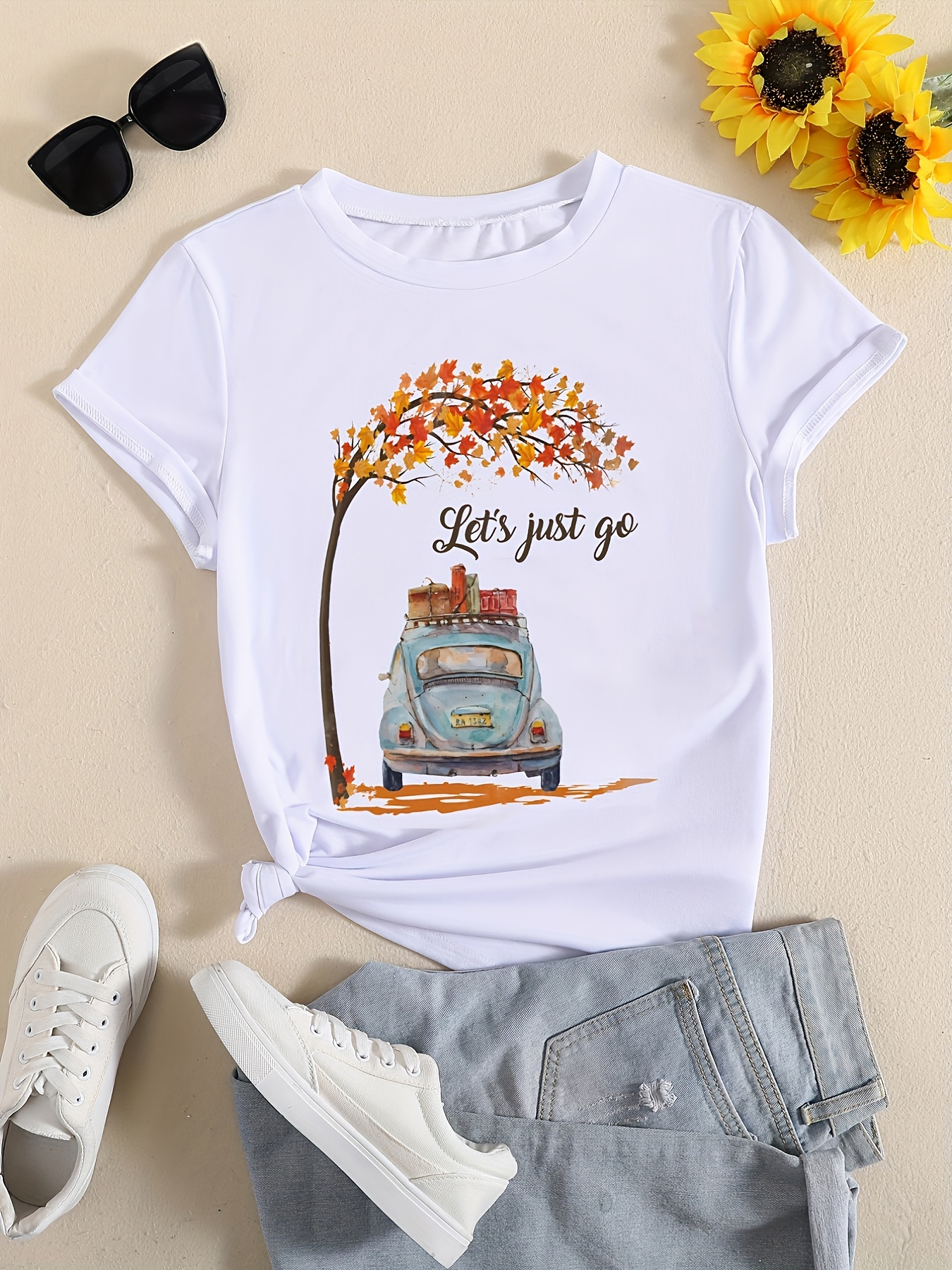 Camiseta Estampado Letras Coches Camiseta Manga Corta Cuello Temu