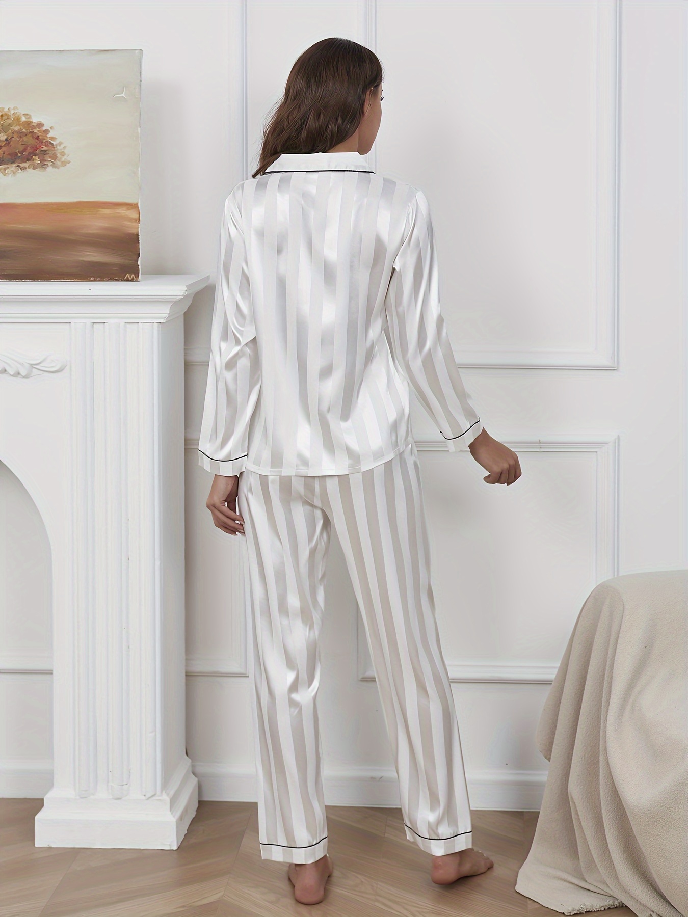 Pantalon de Pyjama en Satin Rouge pour femmes, haut à manches longues et  pantalon, taille: XS-XL, Blanc– Big Bertha Original FR