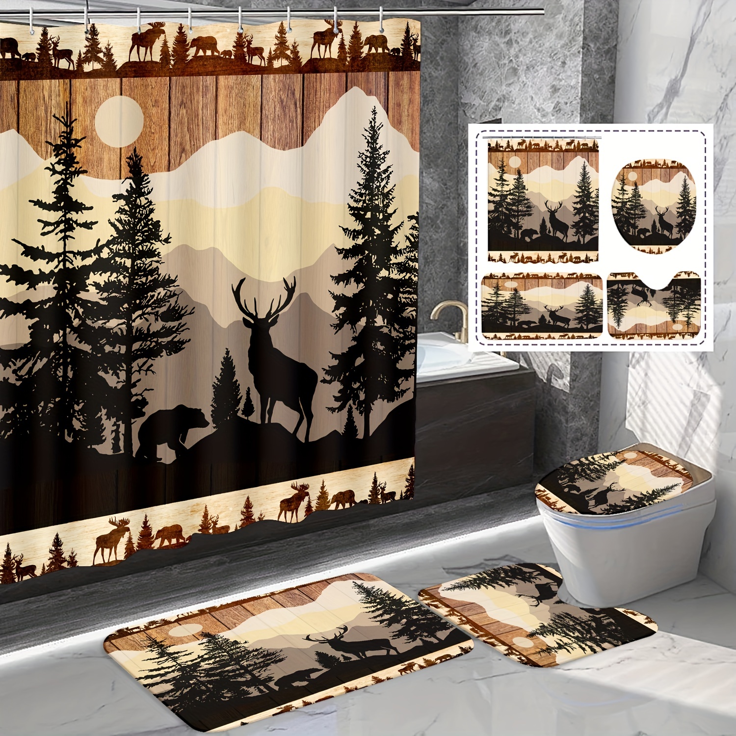 

4pcs Forest Animal Shower Curtain Set, Waterproof Shower Curtain With 12 Hooks, Non-slip Bath Rug, Toilet U-shape Mat, Toilet Lid Cover Pad, Bathtub Curtain, Christmas Decoration