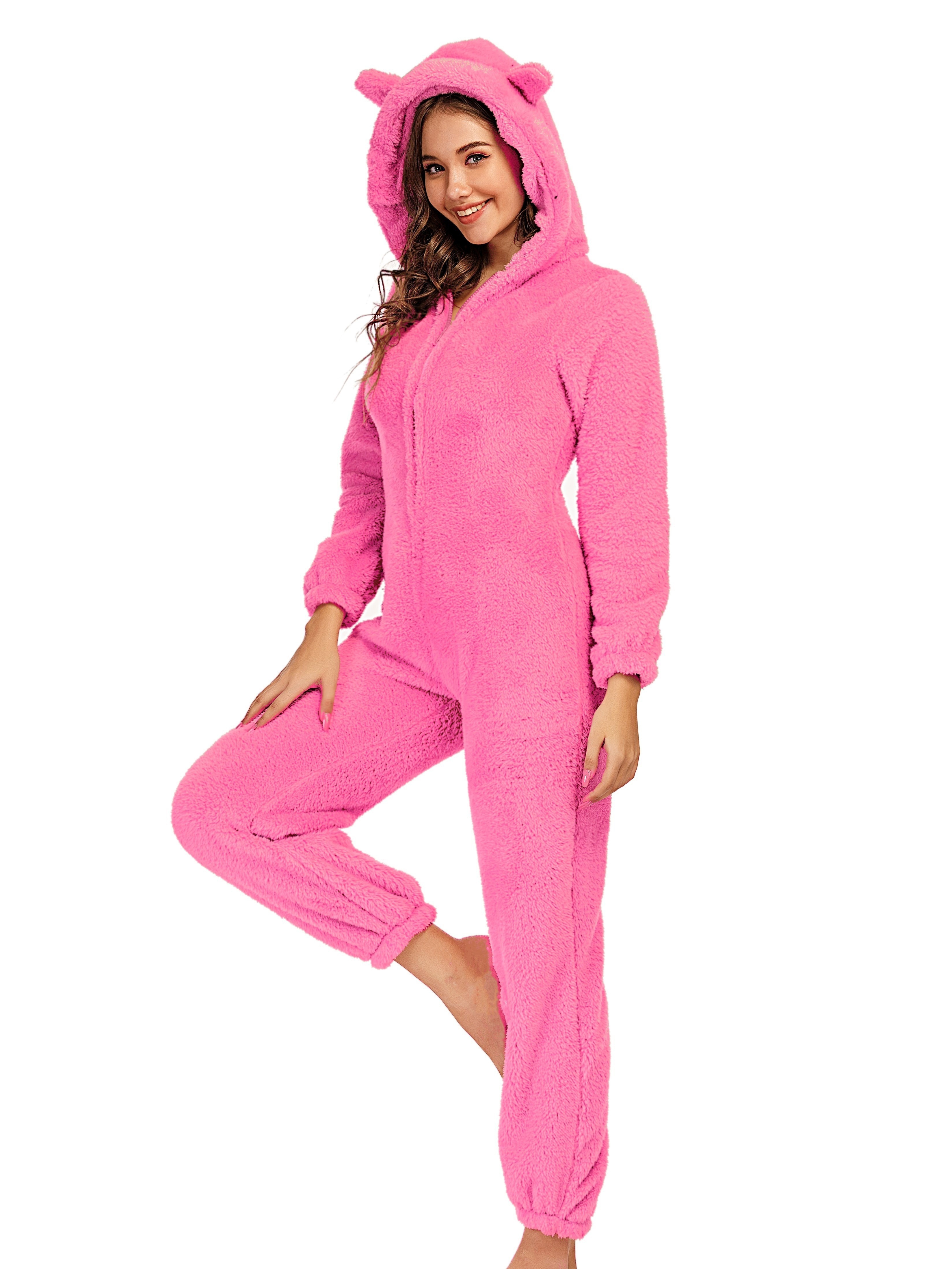 Bear Pattern Fuzzy Pajama Jumpsuit For Music Festival, Long Sleeve Hooded  Zip Pajamas, Women's Lingerie & Sleepwear
