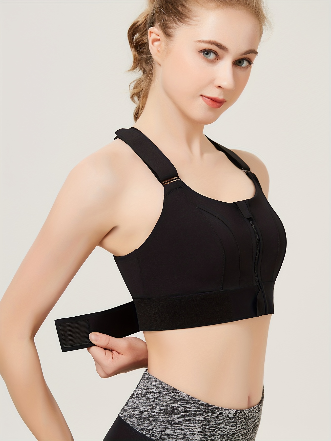 solid color shockproof sports bra zipper front round neck with fixed chest pads workout top womens activewear black 2