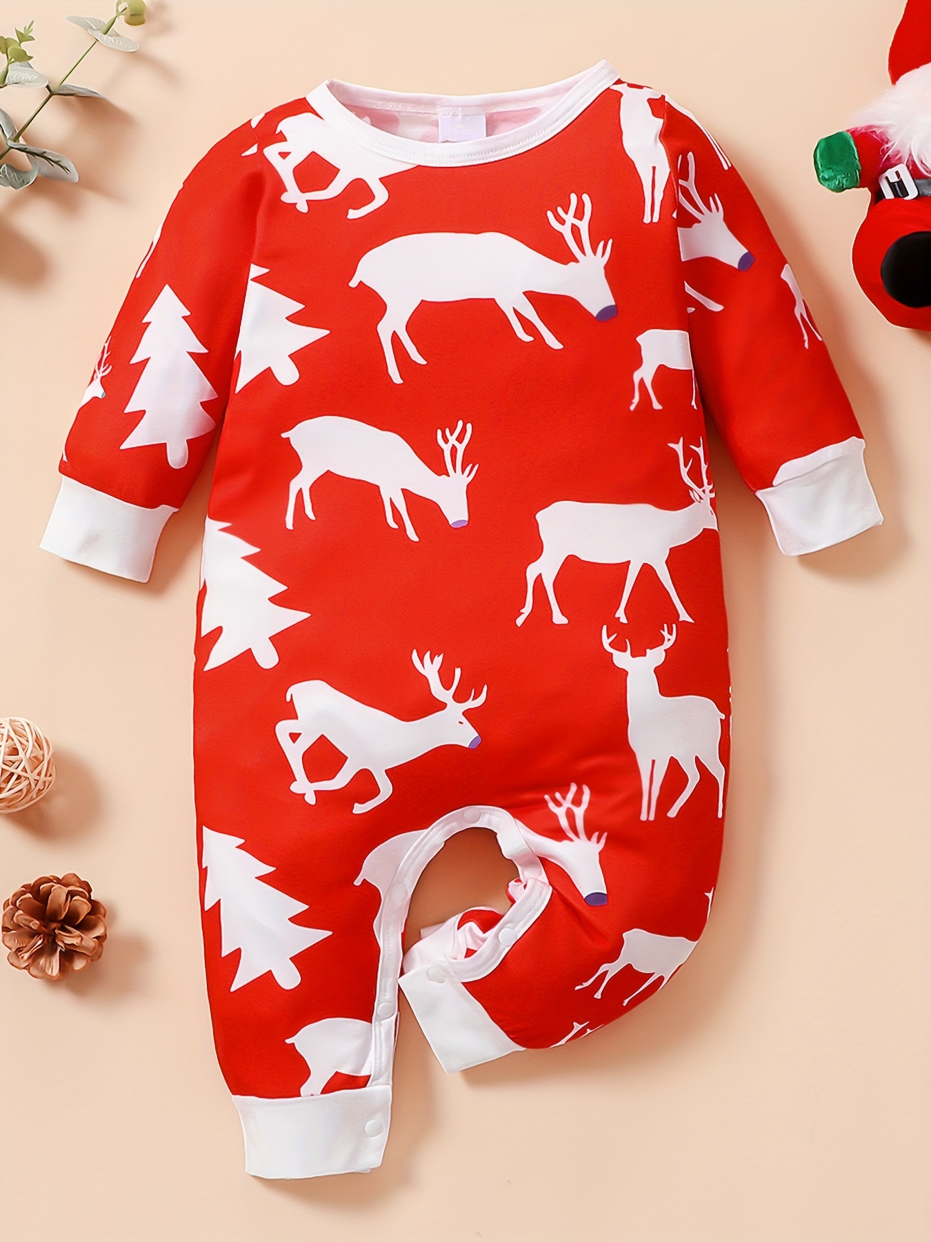 100% Cotton Reindeer Print Color Block Long-sleeve Baby Jumpsuit