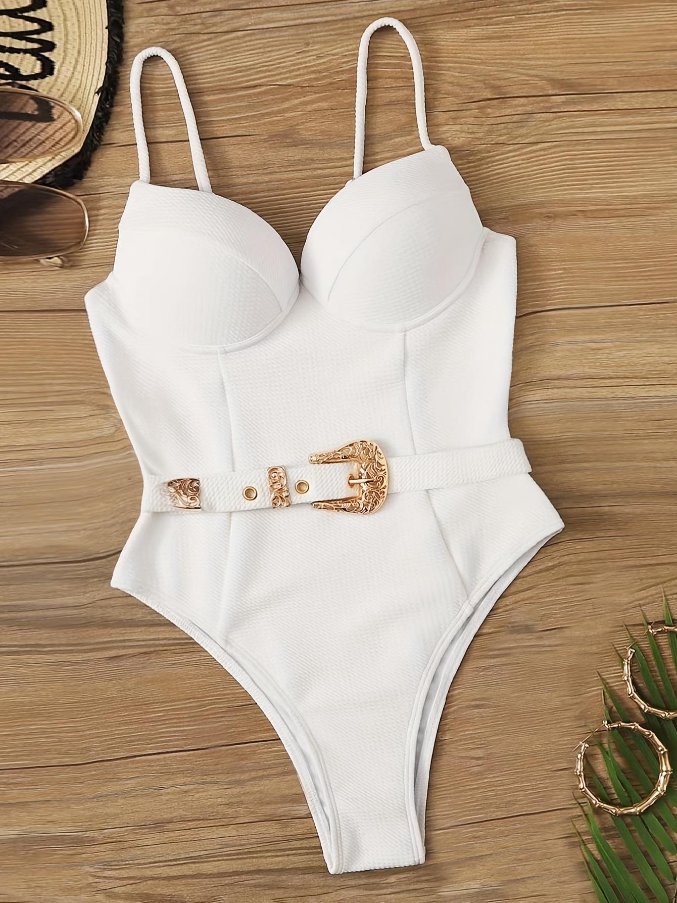 Golden Embossed Belt Decor Spaghetti Strap One-piece Swimsuit, High Cut  Solid White Push Up Elegant Bathing Suits, Women's Swimwear & Clothing