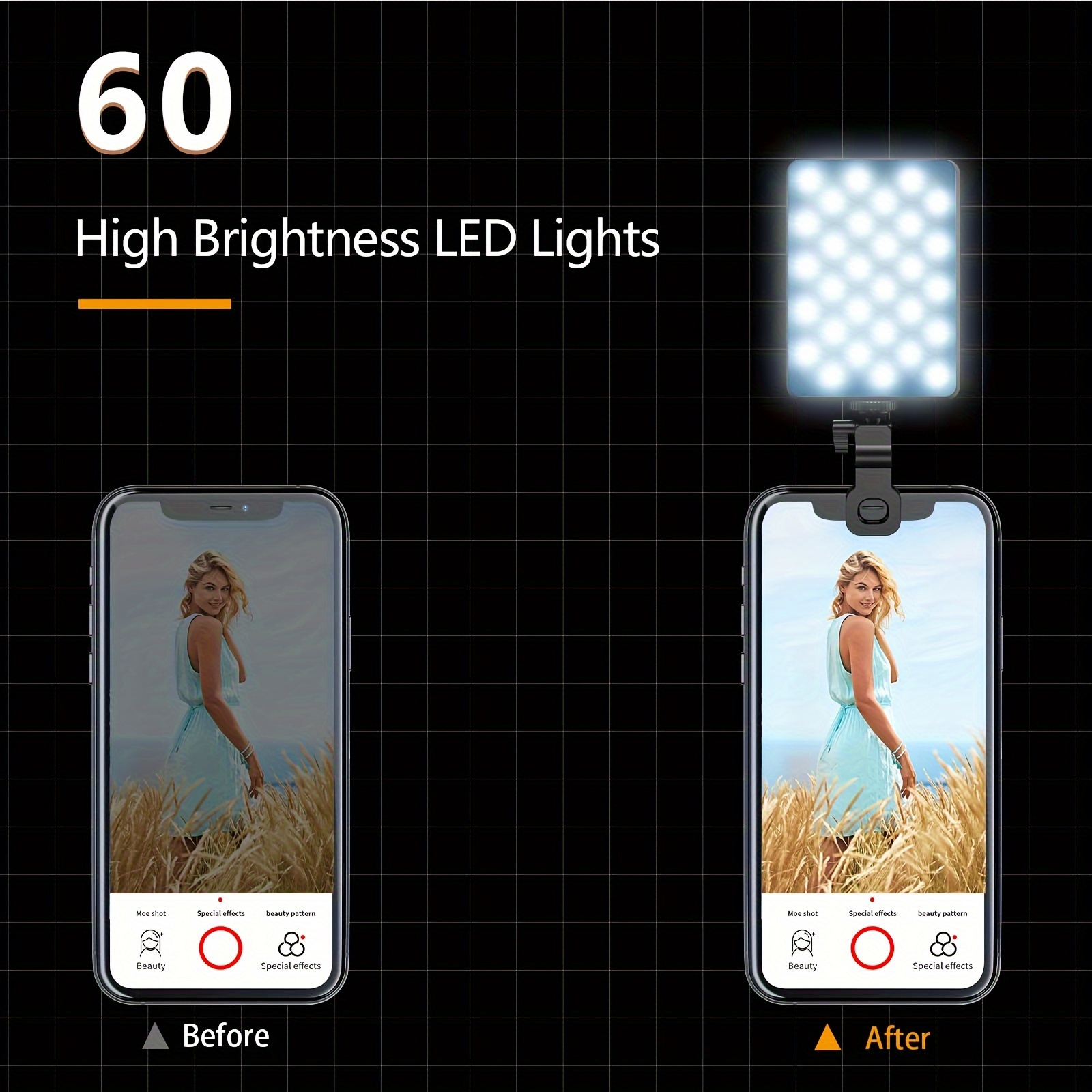NEEWER Selfie Light with Front & Back Phone Clip, High Power 60 LED 2000mAh  Rechargeable CRI 95+, 3 Light Modes, Portable Clip on Light for