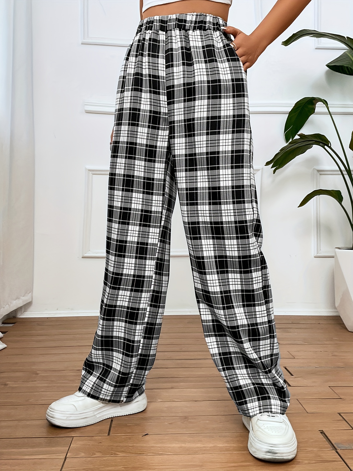Plaid Print Straight Leg Pants Casual Elastic Waist Pants - Temu Canada