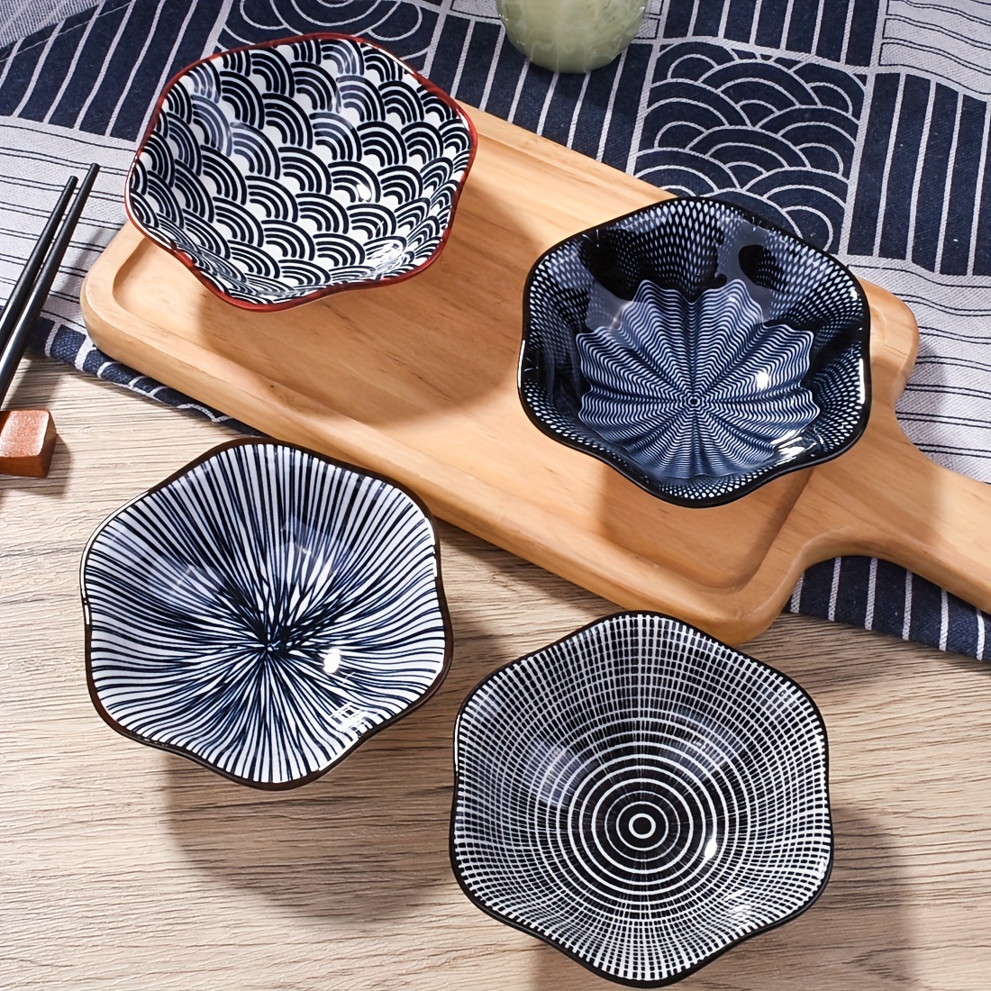 4 Pcs Japanese Sushi Plate Dinnerware Set Black With Plum Bl