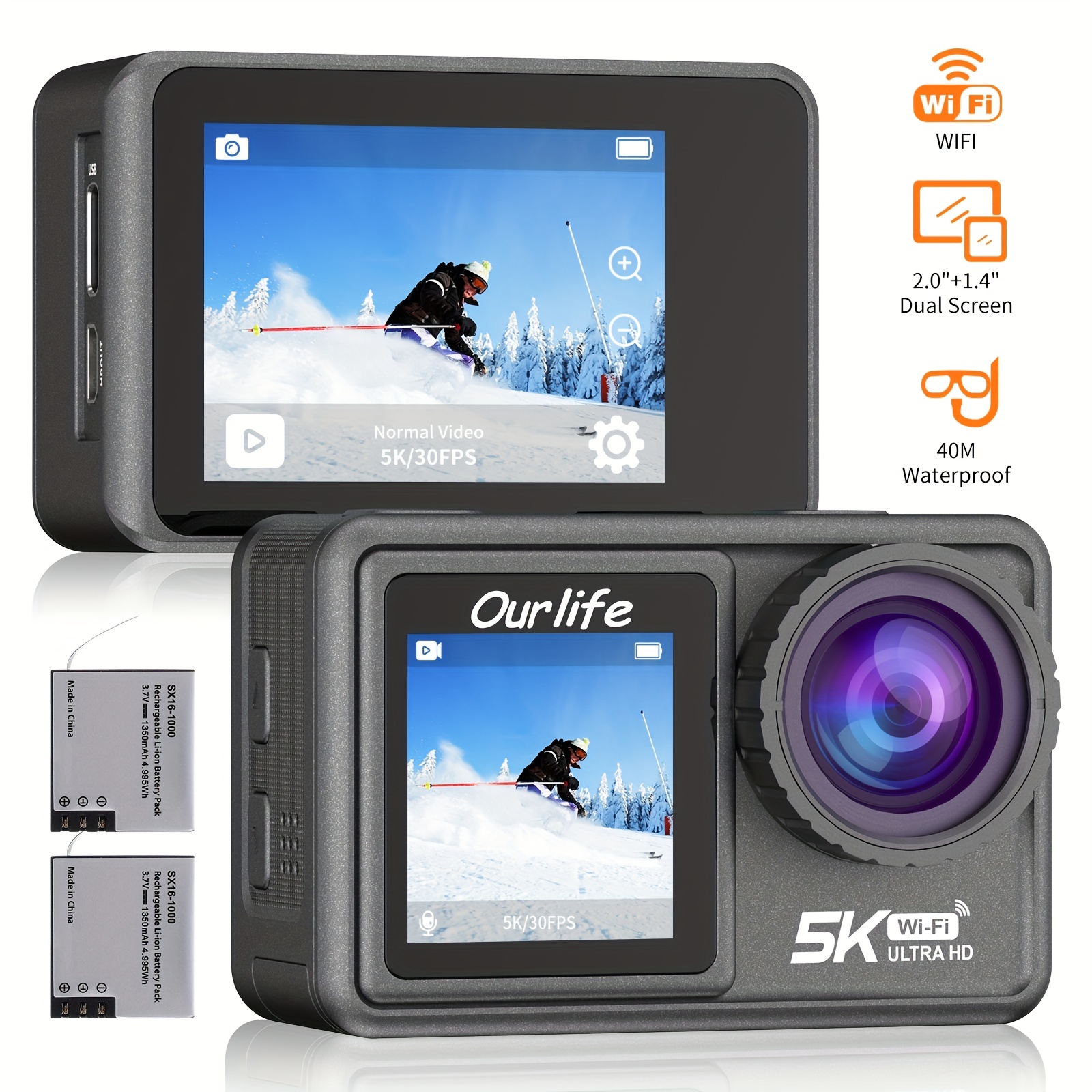 Action Cam 4K undervattensvideokamera 20 MP 50 FPS Wi-FI 40 M med 2 tum IPS  pekskärm, vidvinkel Ultra HD 170 °, fjärrkontroll, 2 uppladdningsbara  batterier, tillbehörssats : : Elektronik
