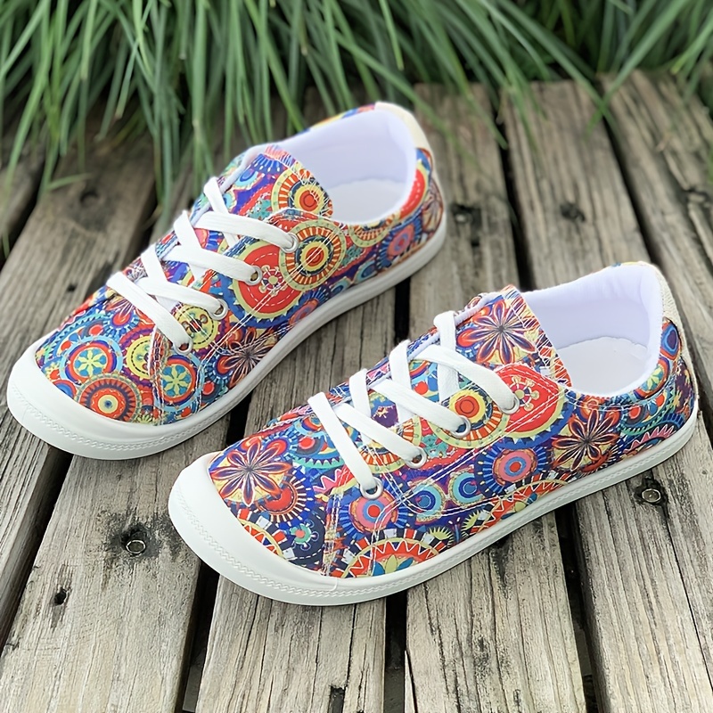 Ethnic Print Flat Lightweight Canvas Sneakers Non Slip Low Temu