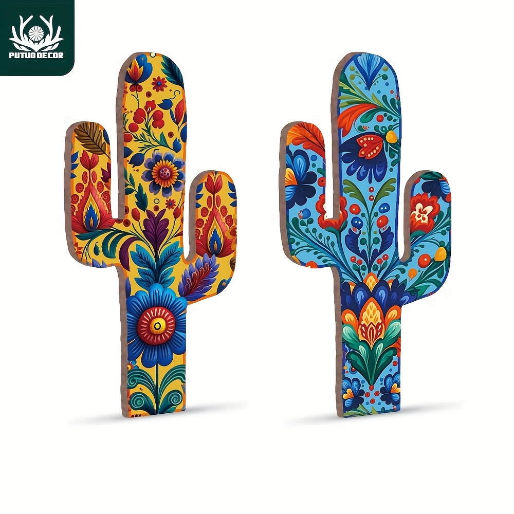 

1pc, Mexican Style Cactus Shaped Wooden Signs, Mexican Tiles Pattern Plate Decoration Wall Art Painting Decor For Home Living Room Bedroom, 5.1 X 15.7 Inches