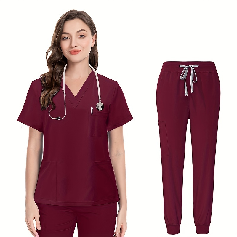 Scrub Suit Nurse Uniform Pocket T-Shirt + Pants Workwear Suit V-neck 2PCS/S