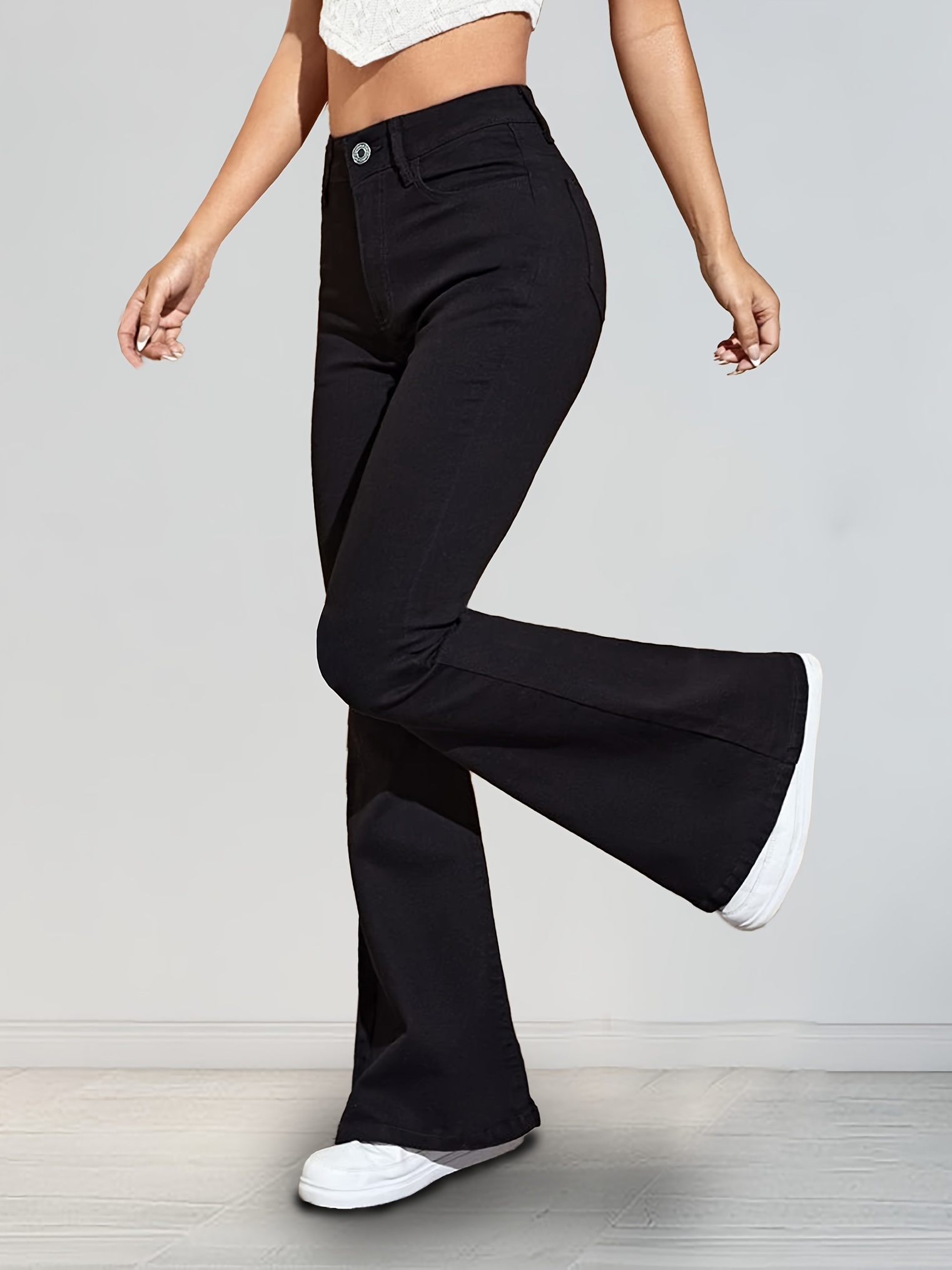 Women's Bootcut Pants: Look Stylish In Black Solid Color - Temu