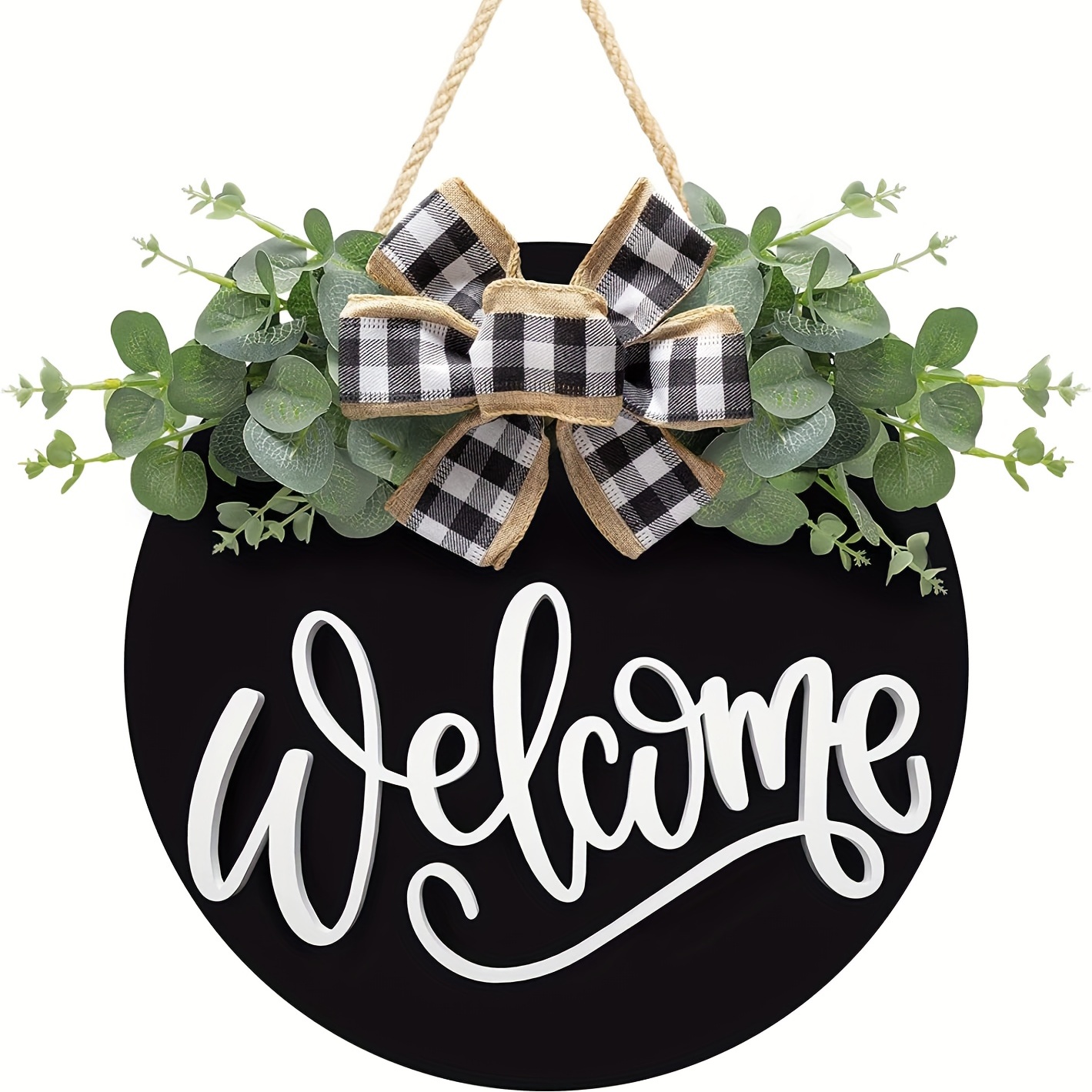 

1pc, Welcome Sign For Front Door Porch Decor, Farmhouse Wreath Wall Decor With Eucalyptus Wreath Buffalo Bow, Round Hanging Welcome Sign Christmas Decoration, Housewarming Gift