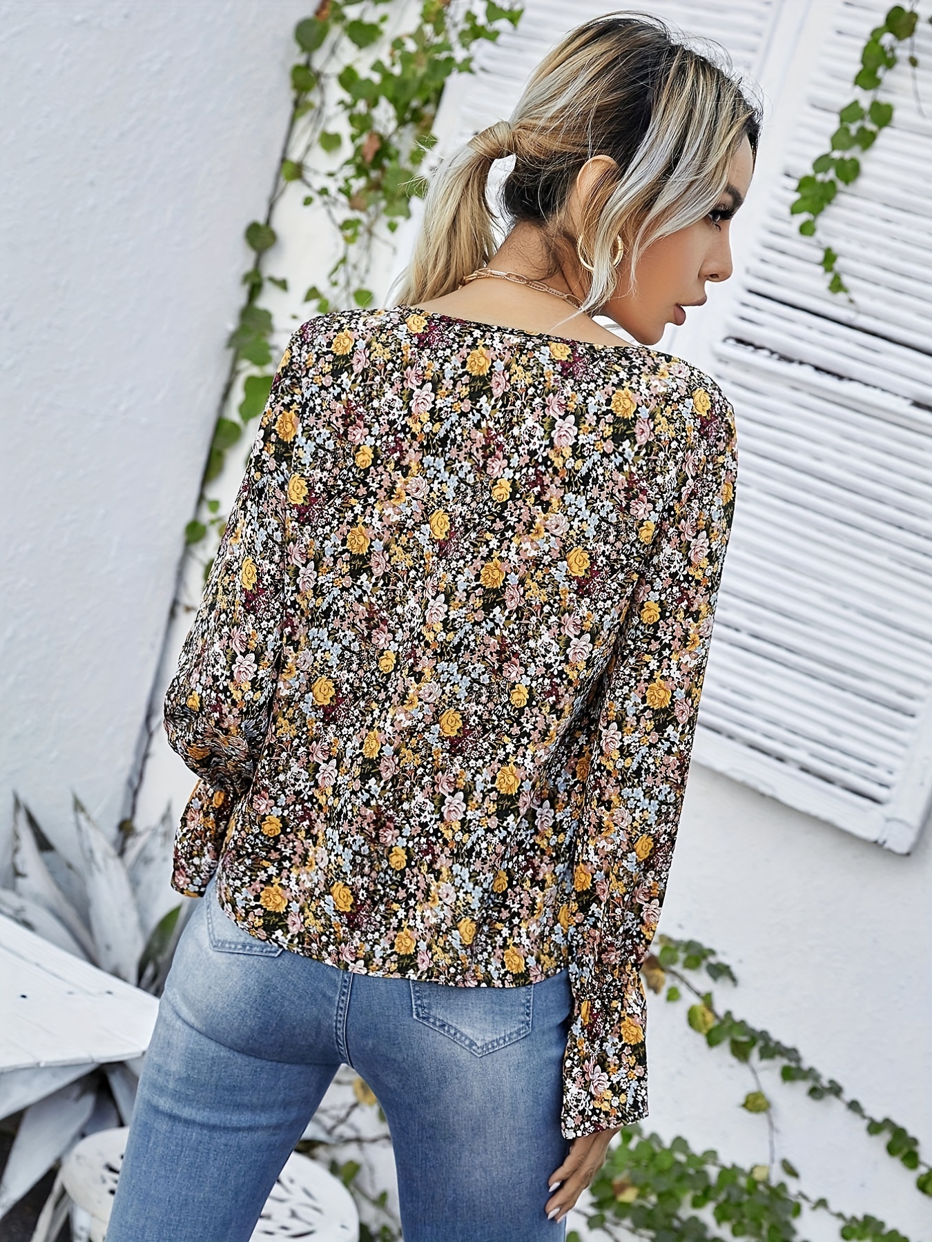 Ditsy Floral Print V Neck Blouse, Casual Long Sleeve Blouse For