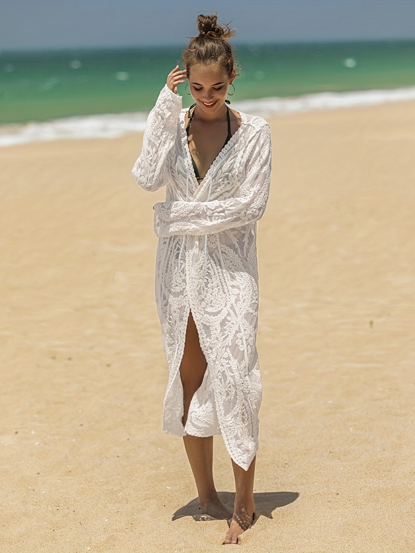 Boho Style White Kimono Foral Long Lace Bell - Temu Sleeve Open