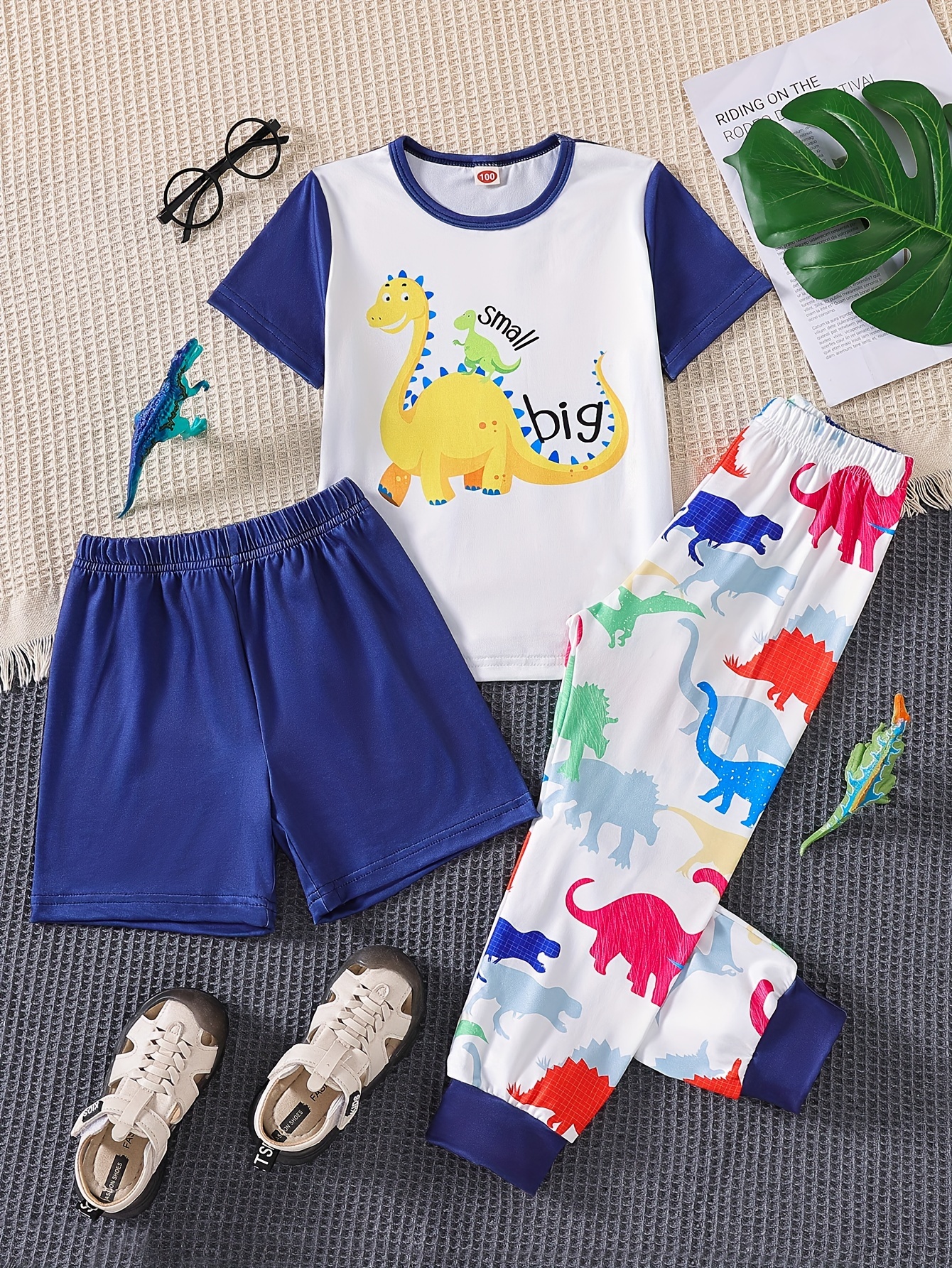 Toddler Boys 3-piece Pajama Set Crew Neck Short Sleeve Cartoon Dinosaur  Print Top+matching Short Pants+long Pants Comfy Loungewear