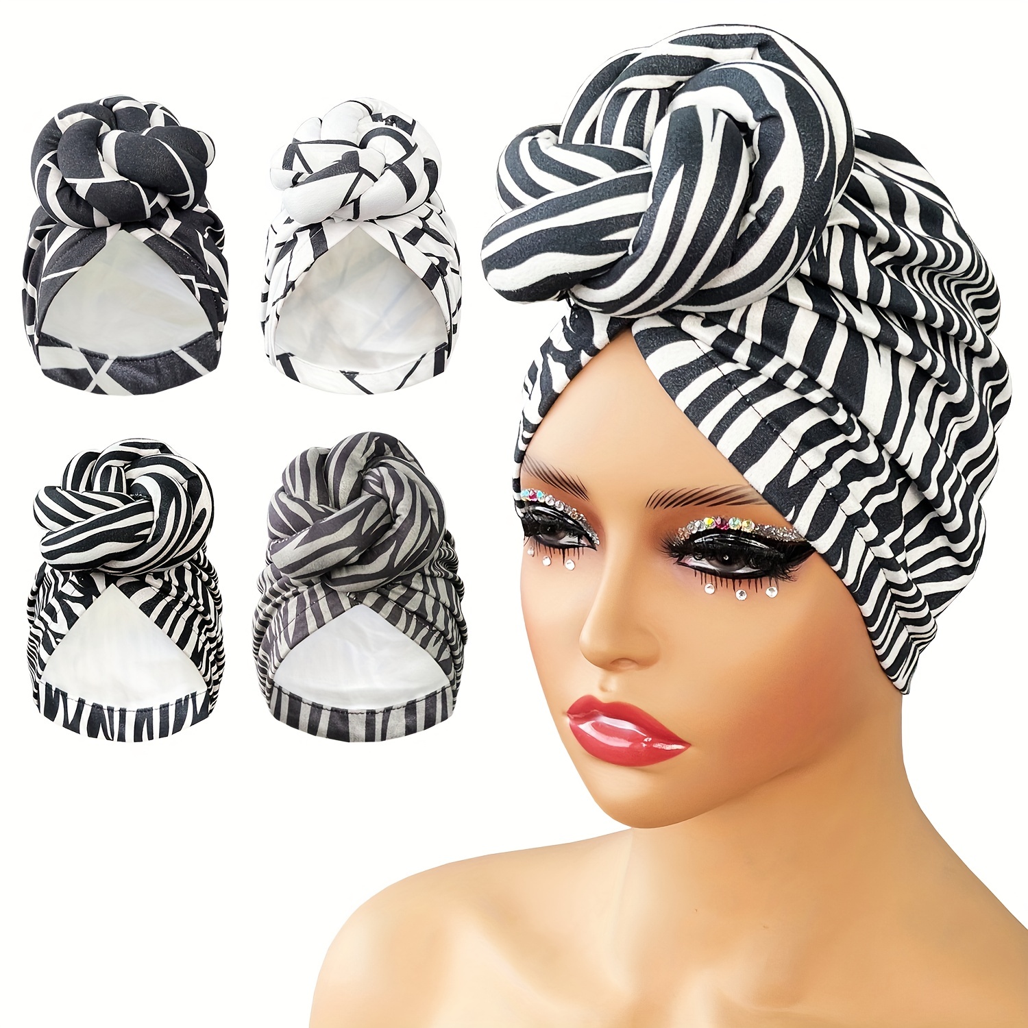 

Pre-made Knotted Turban Hat Trendy Zebra Print Suede Head Wraps Elegant Pleated Beanies Headscarf For Women