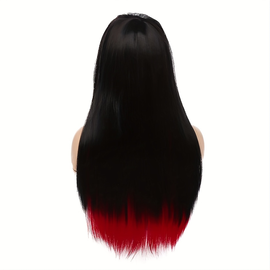 Synthetic Hair Long Straight Red Black Wig Side Bangs Heat - Temu Poland
