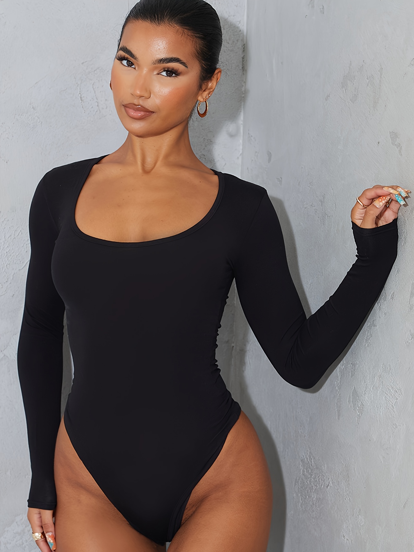 Solid Round Neck Bodysuit Casual Long Sleeve - Temu Canada