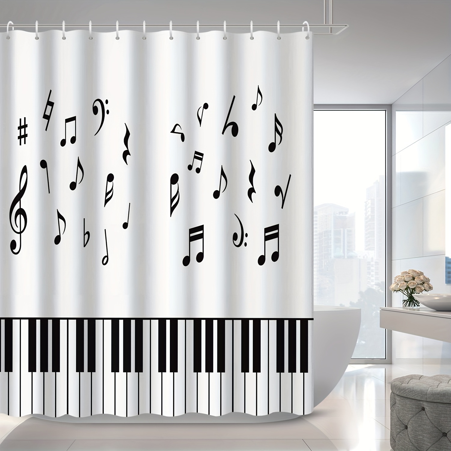 Black White Piano Block Music Art Fabric Shower Curtain Set - Temu