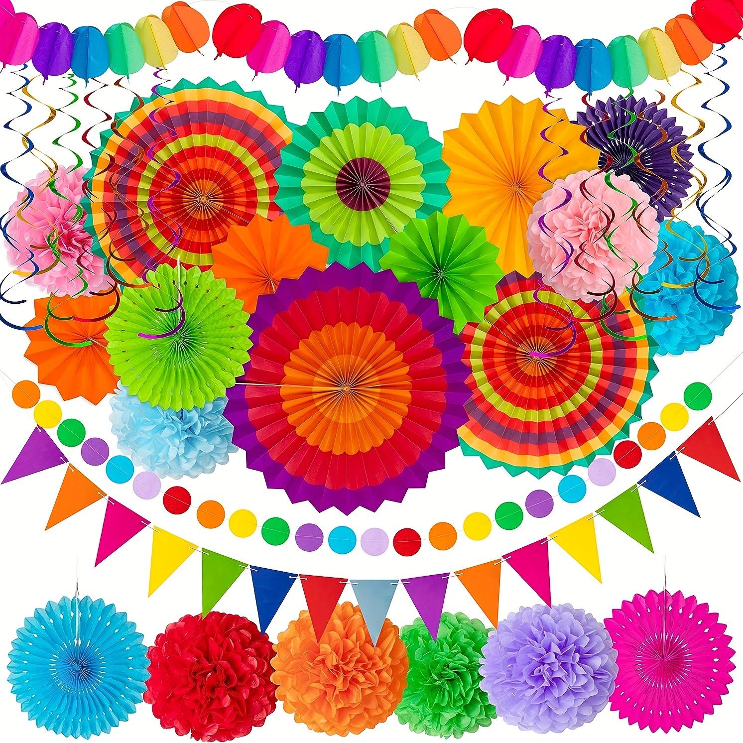 

35pcs, Fiesta Paper Fan Party Decorations Set - Cinco De Mayo Pom Poms, Pennant, Garland String, Banner, Hanging Swirls Decor Suppliesmulticolored