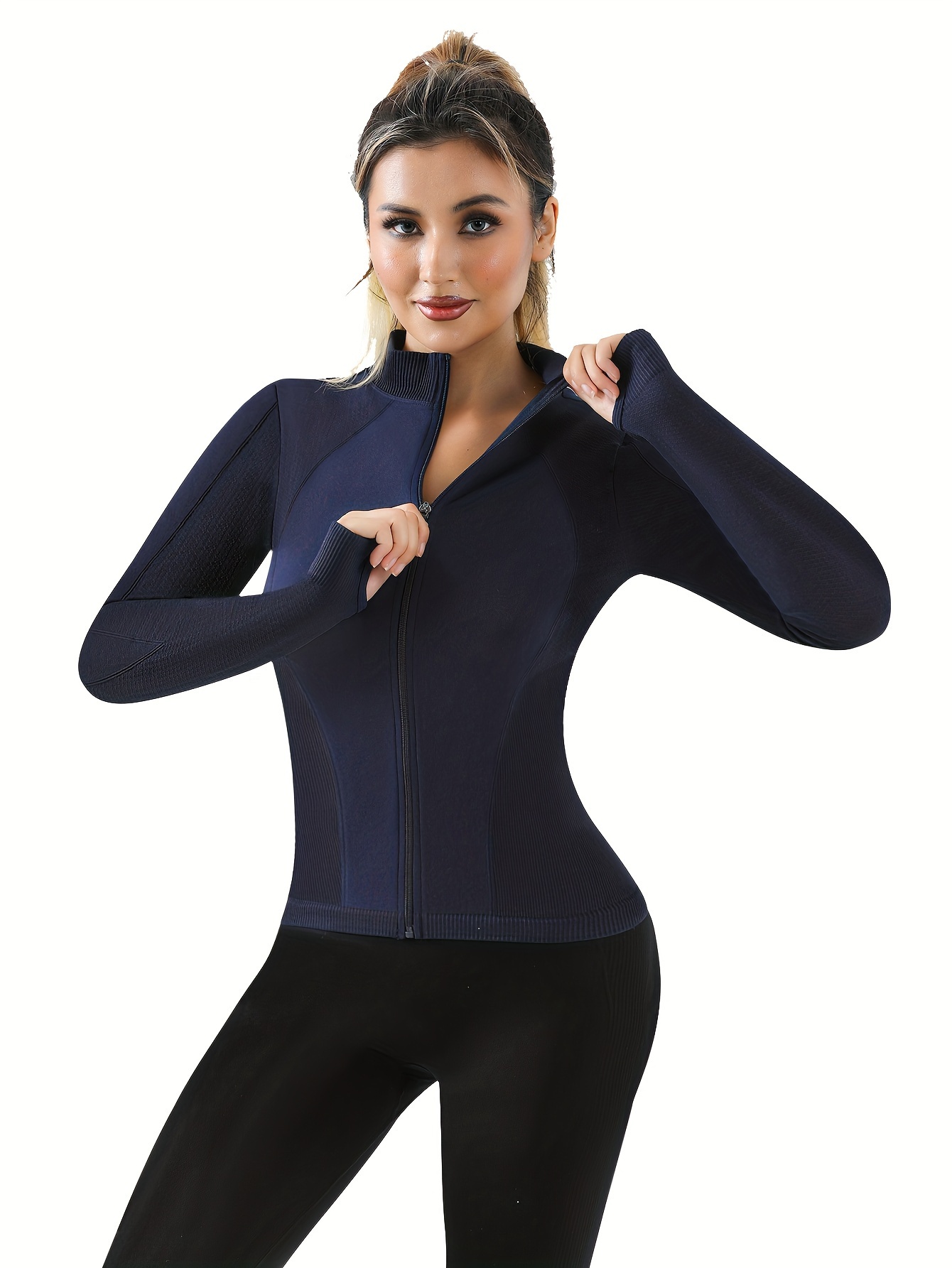Women's Solid Color Long Sleeve Athletic Top With Thumb Hole, Full Zip Up  Crop Jacket For Yoga Running Fitness Gym, Women's Activewear