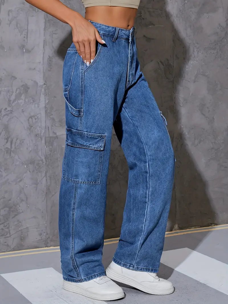 Blue Flap Pockets Cargo Pants, Loose Fit Straight Legs High Waist Carpenter  Jeans, Women's Denim Jeans & Clothing