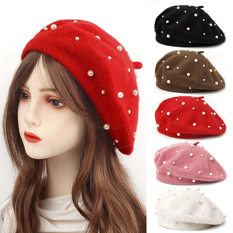 

Trendy Faux Pearl Decor Beret Hats Elegant Solid Color Painter Cap Lightweight Warm Berets For Women Daily Use Autumn & Winter