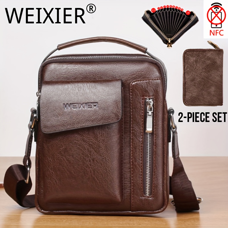 Leather Crossbody Satchel Small Square Casual Business Men Shoulder  Crossbody Bag Plaid Designer for Travel Work Male Sling Bags