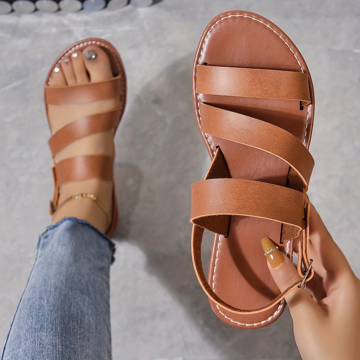 Women's Roman Flat Sandals, Solid Open Round Toe Strap Shoes, Casual Beach - Temu