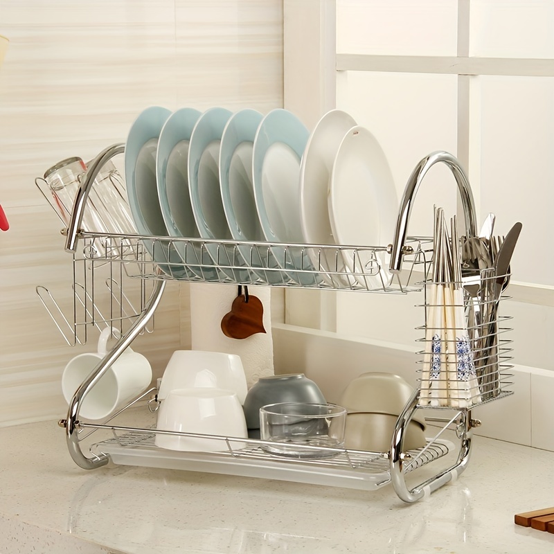 1pc Rust Proof 2 Tier Dish Drying Rack With Drain Board Hooks And