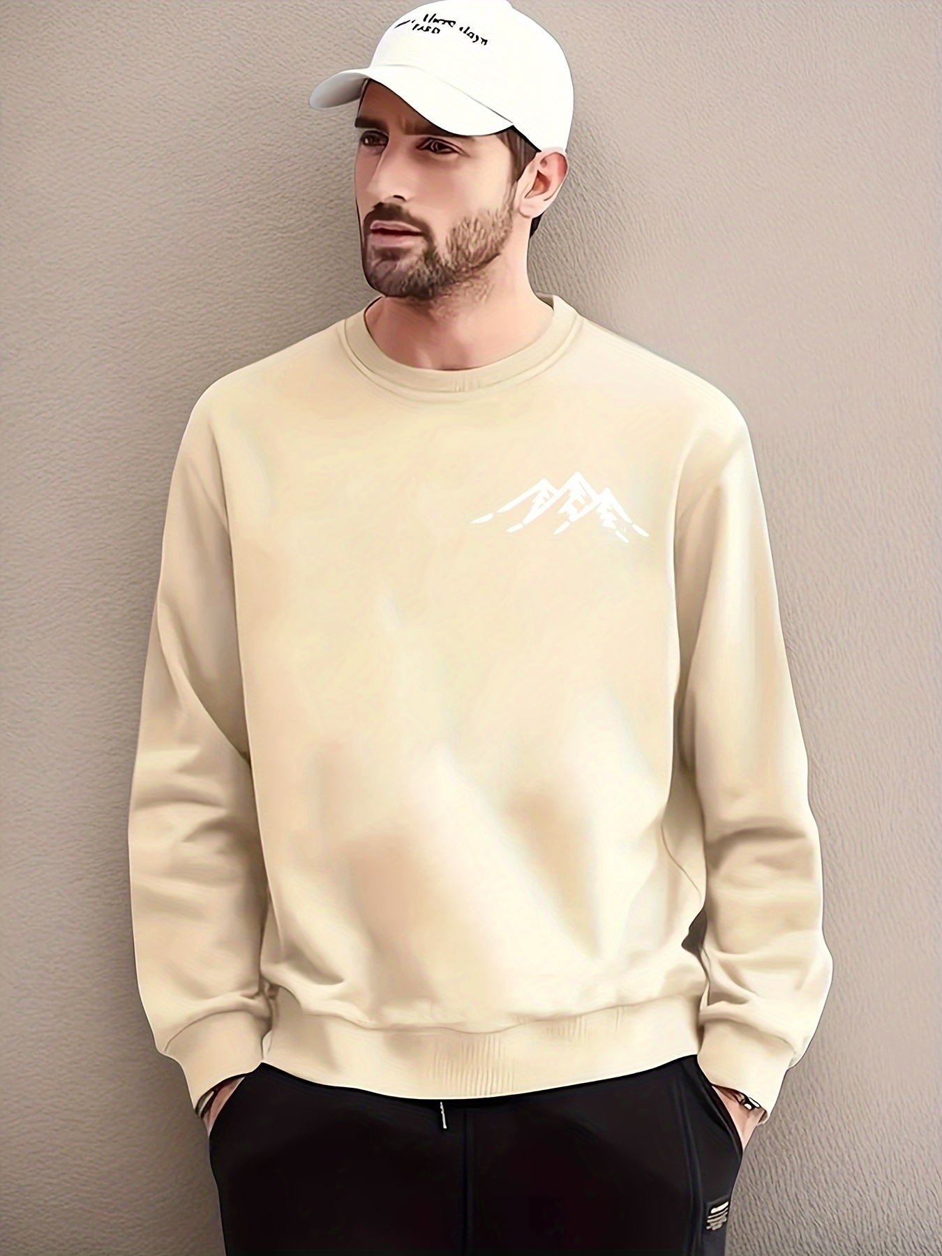Men's Mountain Print Sweatshirt, Casual Loose Crew Neck Slightly