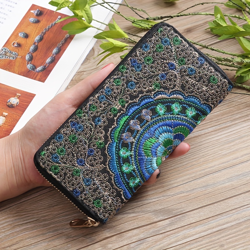 Women's Ethnic Embroidered Long Wallet, Portable Zipper Around Purse,  Causal Coin Purse - Temu