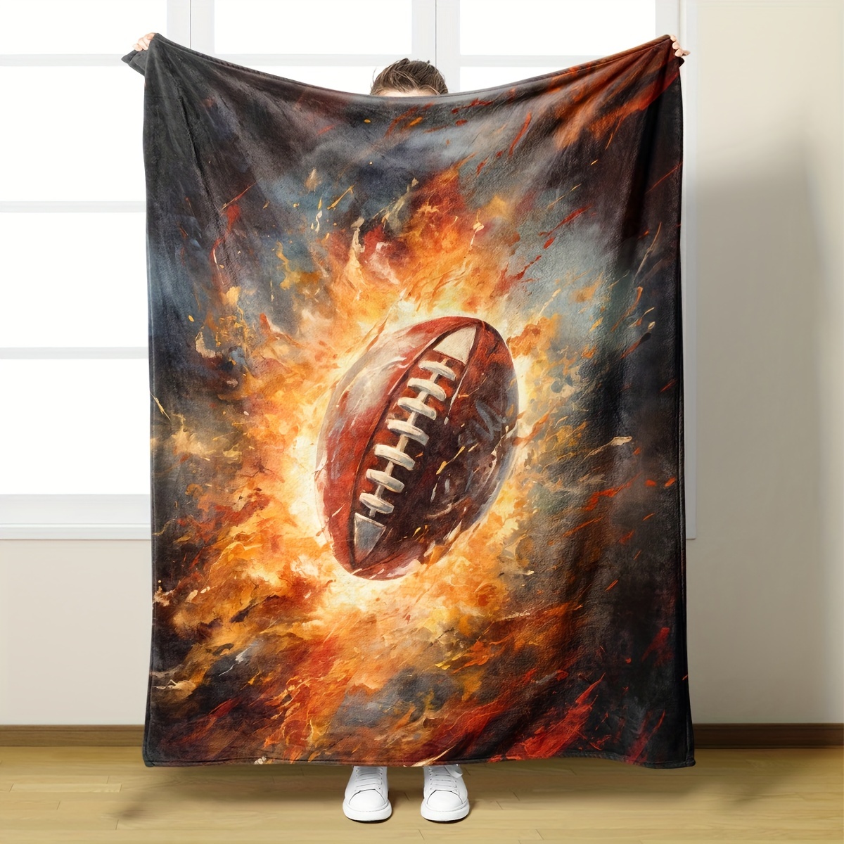 

1pc Flannel Throw Blanket, Rugby In Flames Printed Blanket For All Seasons, Warm Cozy Soft Blanket For Couch Bed Sofa Car Office Camping Travelling