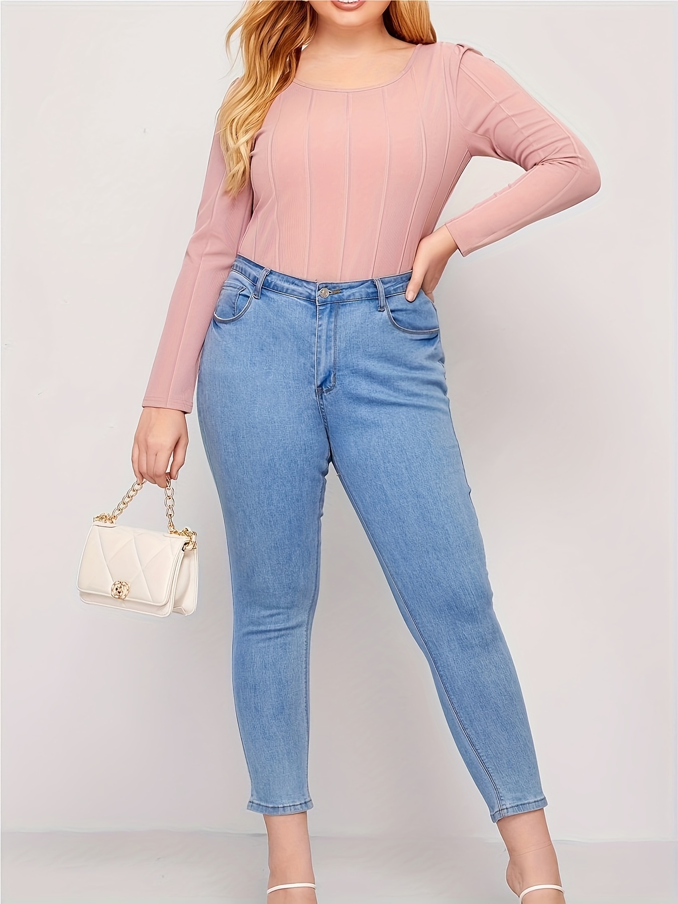 Plus Size Blue Long Sleeve Ribbed Bodysuit