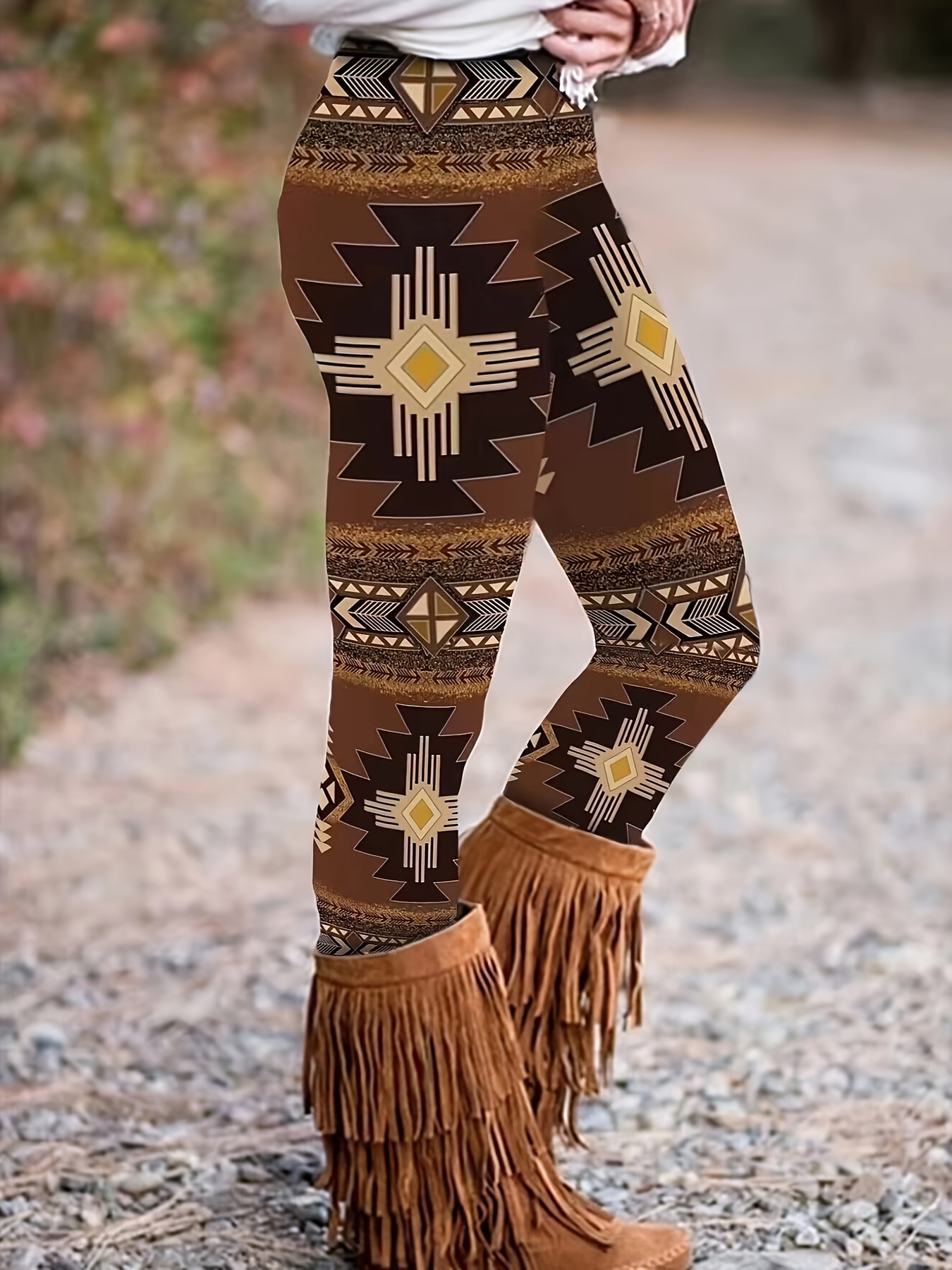 Western Ethnic Print Skinny Leggings Casual Elastic Waist - Temu Canada