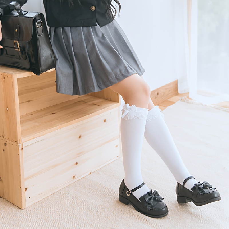 Women School Girls Student Cotton Calf Socks Japanese Style Cute Ruffled  Lace Bowknot Uniform Casual Knee High Stockings