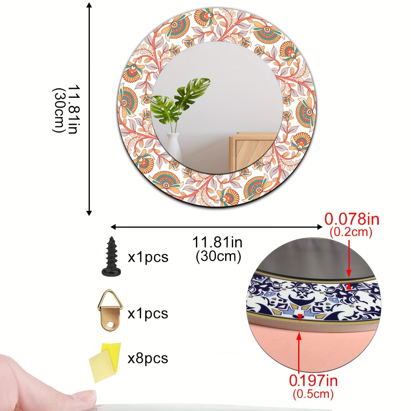 Boho Plants Pattern Round Mirror Shatterproof Self adhesive - Temu