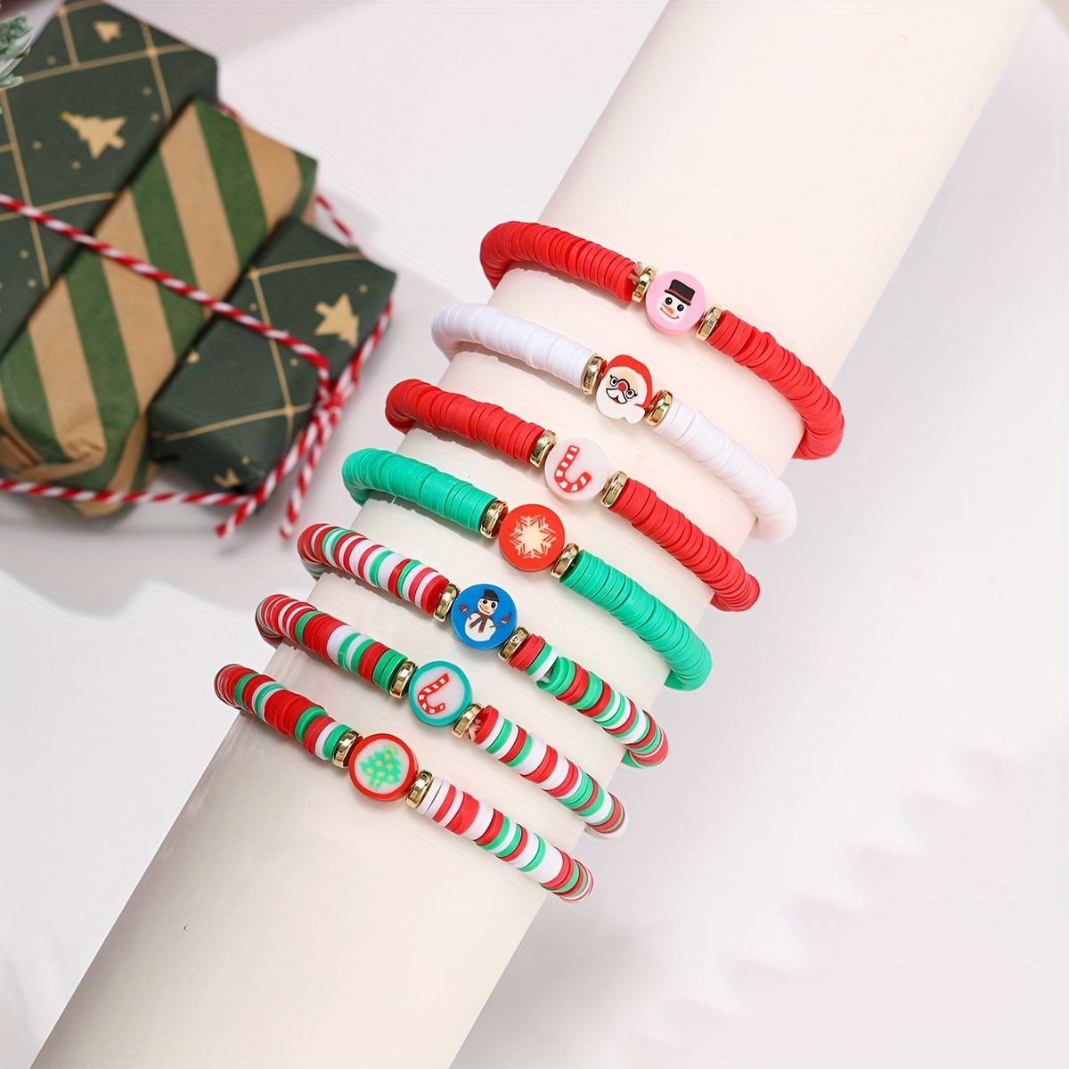 6pcs Red Green White Soft Clay Beads Beaded Bracelet Set Stackable Hand String Xmas Gift,Temu